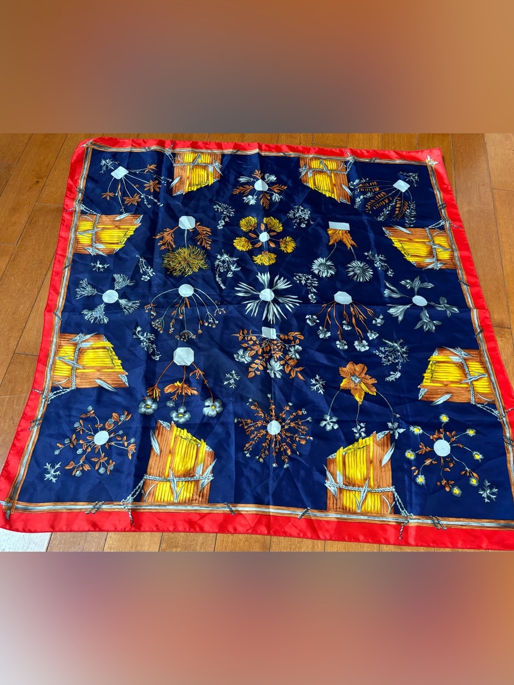 Navy Blue Floral Silk-Feel Scarf Wheat Bamboo Red Border